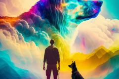 Mulewa_a_man_standing_around_a_dog_with_colorful_background_in__91ded486-38c8-40bd-a6c5-868e86b3bdb7
